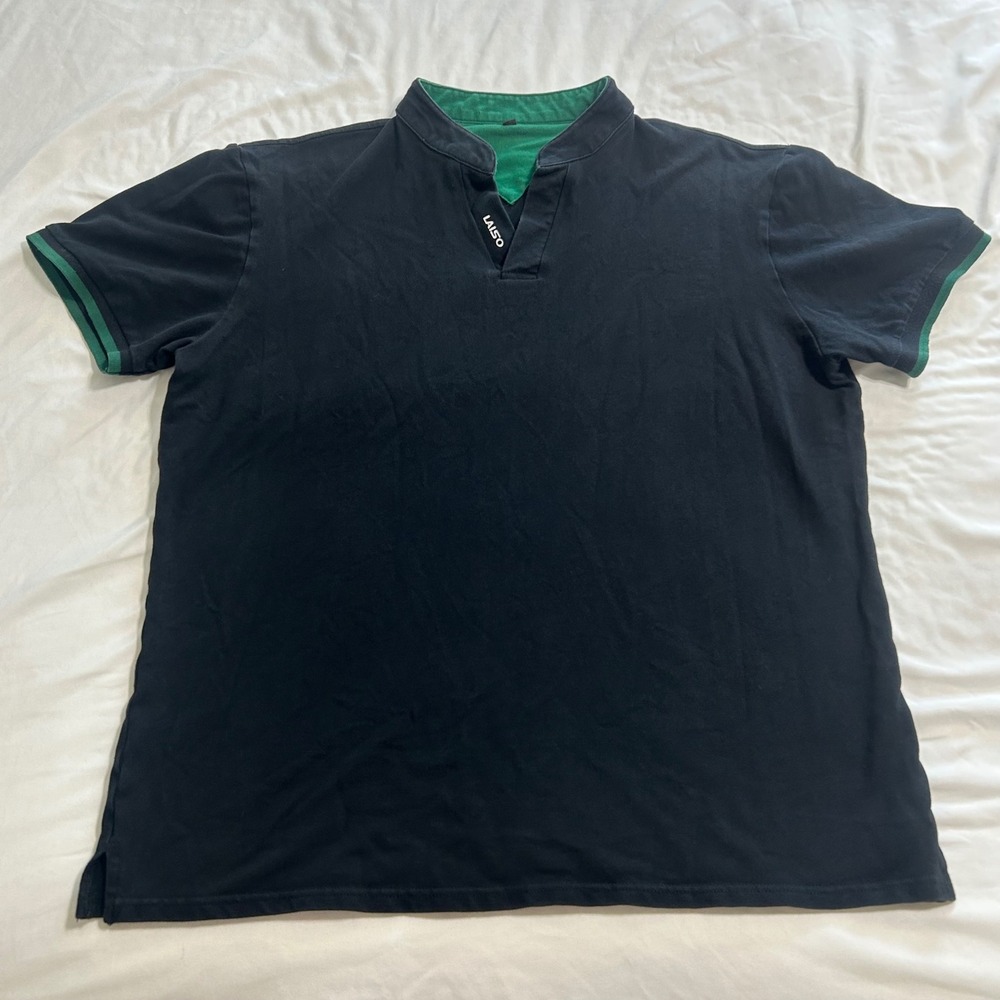 Mens XL Short Sleeve Polo Shirt Henley V-Neck Black Green Trim Pique